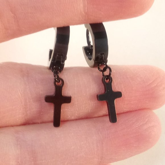 Mens Black Stainless Steel Cross Hoop Huggie Dangle Earrings 14mm Party Gift - Picture 1 of 4